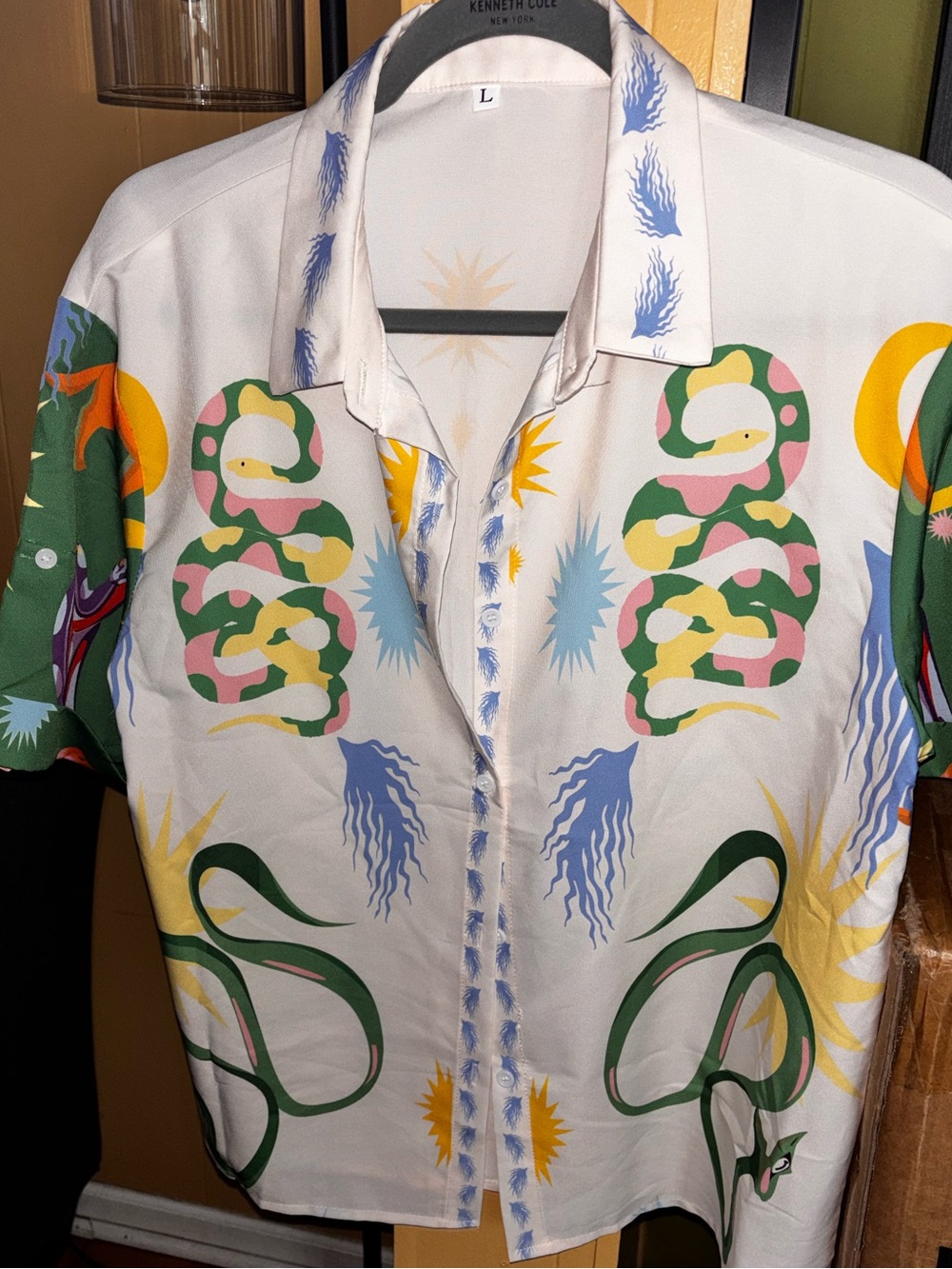 SHEIN White Multicolor Snake Print Button-Up Blouse